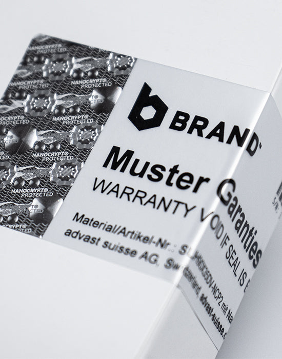 Security Seal “VOID” 90x35mm, silver/matt-grey, with Nanocrypt® Hologram