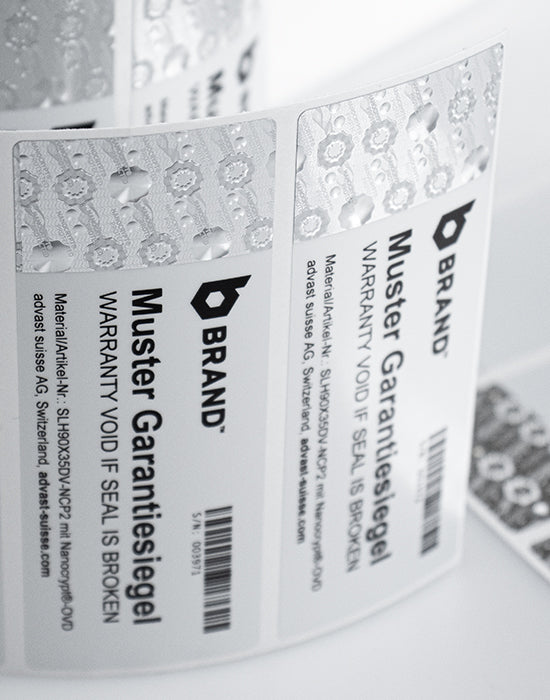 Security Seal “VOID” 90x35mm, silver/matt-grey, with Nanocrypt® Hologram