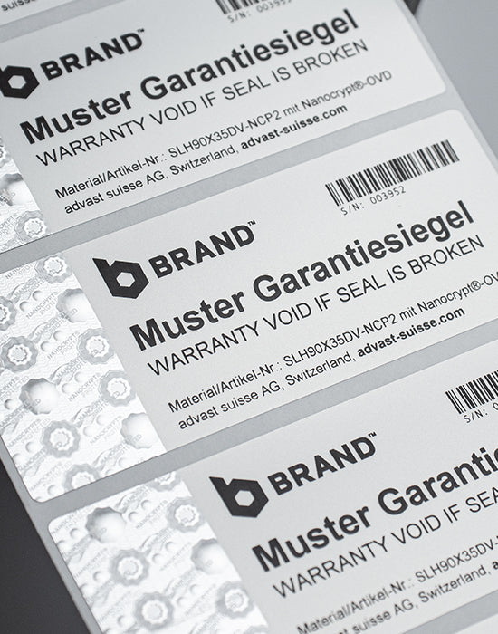 Security Seal “VOID” 90x35mm, silver/matt-grey, with Nanocrypt® Hologram