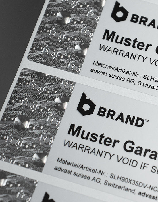 Security Seal “VOID” 90x35mm, silver/matt-grey, with Nanocrypt® Hologram