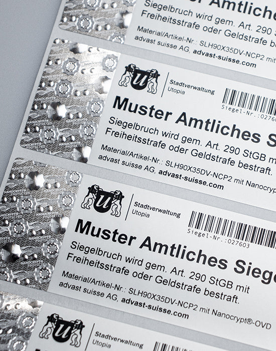 Security Seal “VOID” 90x35mm, silver/matt-grey, with Nanocrypt® Hologram